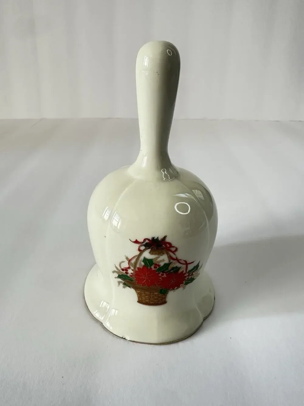 Vintage Christmas Ceramic Hand Bell Poinsettia Basket Gold Trim Taiwan ROC